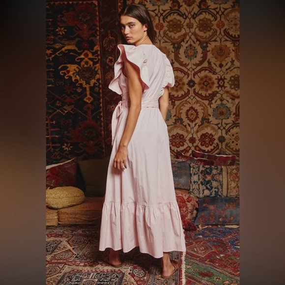 Elegant pale Pink Ruffle Dress Midi Exaggerated short ruffle sleeves tier hem L - Picture 4 of 16